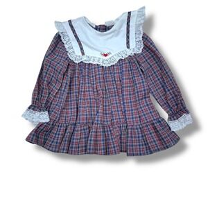 Bryan Vintage Dress Girls Size 3T Plaid Long Sleeve Lace Collar 80s Style